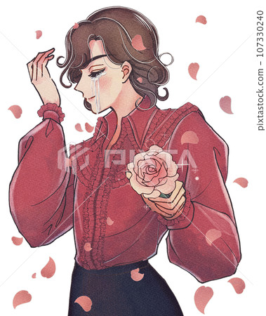 Illustration of a passionate narcissist man crying surrounded by rose petals 107330240