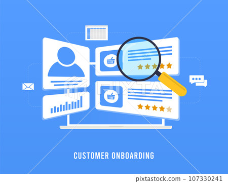 Customer onboarding process concept. User profile segmentation, client relationship, customer management concept. User onboarding vector illustration isolated on blue background 107330241