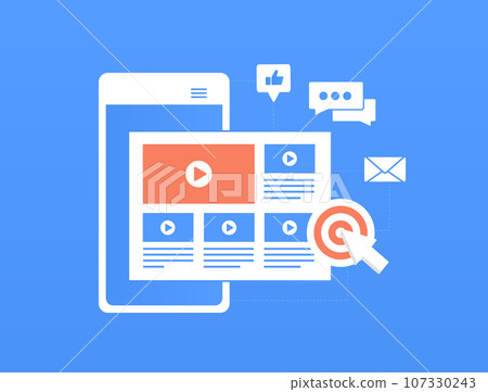 Video Content Marketing Plan concept. Digital Advertising Media Marketing. Video Strategy Optimized for SEO and Social Media. Vector illustration isolated on white background with icons 107330243