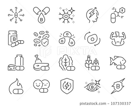 Vitamin B icon set. It included energy boost, benefits, cells, mood, immune system, and more icons. Editable Vector Stroke. 107330337