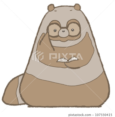 A raccoon holding an open book and pushing up his glasses 107330415