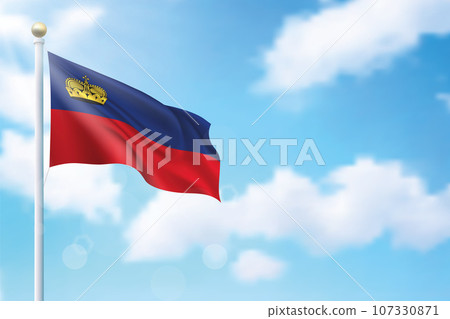 Waving flag of Liechtenstein on sky background. Template for independence Waving flag of Liechtenstein on sky background. Template for independence 107330871
