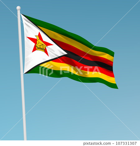 Waving flag of Zimbabwe on flagpole. Template for independence day Waving flag of Zimbabwe on flagpole. Template for independence day 107331307