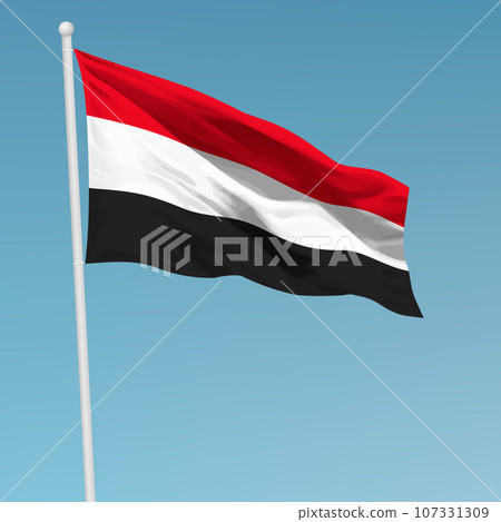 Waving flag of Yemen on flagpole. Template for independence day 107331309