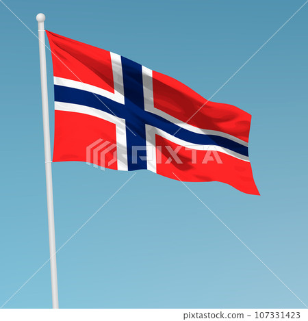Waving flag of Norway on flagpole. Template for independence Waving flag of Norway on flagpole. Template for independence 107331423