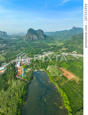 aerial view A narrow canal in the mangrove forest at Baan Naingob in Phang Nga..the route for sailing from fishing village to the Phang Nga ocean. .archipelago in mangrove forest background. aerial view A narrow canal in the mangrove forest at Baan Naingob in Phang Nga..the route for sailing from fishing village to the Phang Nga ocean. .archipelago in mangrove forest background. 107331954