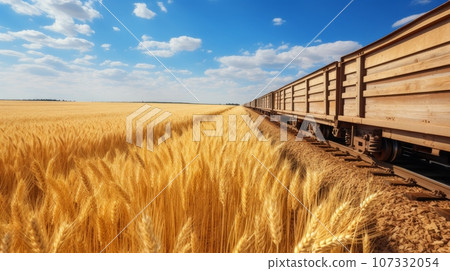 Railway train with wagons during the transportation of wheat and grain close-up 107332054