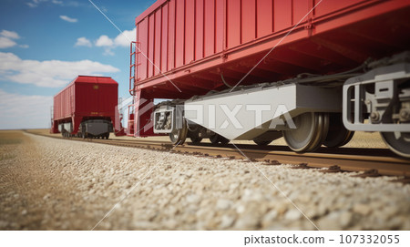 The red carriages of the railway train ride on the rails. Transportation of goods by trains. The red carriages of the railway train ride on the rails. Transportation of goods by trains. 107332055