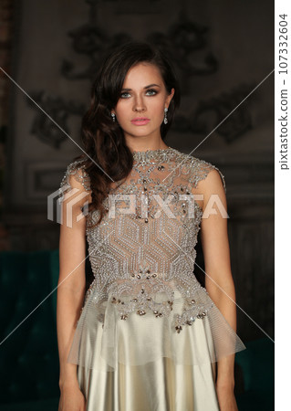 Fashion beauty portrait of nice young adult woman with makeup and long wavy hairstyle wearing dress Fashion beauty portrait of nice young adult woman with makeup and long wavy hairstyle wearing dress 107332604