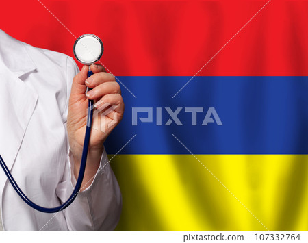Armenian doctor's hand with stethoscope on the background of flag of Armenia Medicine Armenian doctor's hand with stethoscope on the background of flag of Armenia Medicine 107332764