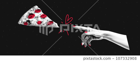 The hand reaches for the pizza. A modern trendy illustration. Halftone effect collage with colorful doodles. Vector banner on noisy background. 107332908