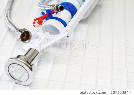 Plumbing. Flexible metal steel faucet hoses, flush mechanism, siphon fittings Plumbing. Flexible metal steel faucet hoses, flush mechanism, siphon fittings 107333244