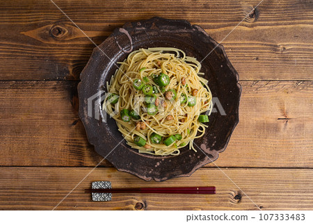 Sticky pasta with natto and okra Sticky pasta with natto and okra 107333483