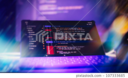 Server logs analysis. Closeup developing programming and coding technologies. Developer working on web sites codes in office. 107333685