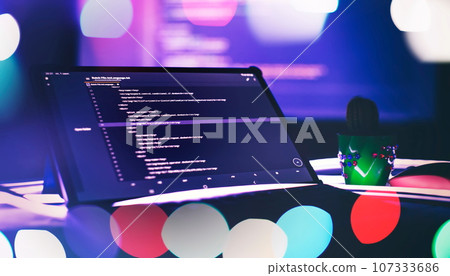 Server logs analysis. Closeup developing programming and coding technologies. Developer working on web sites codes in office. 107333686