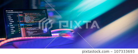 IT business.Monitor closeup of function source code. Project managers work new idea. 107333693