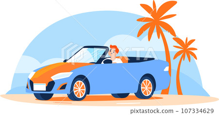 Hand Drawn Tourists drive convertibles car to the beach in flat style 107334629