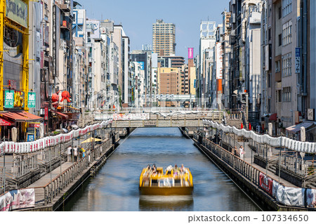 惠比壽橋, 道頓堀河, 大阪市, 大阪府, 關西, 近畿地區, 城市, 高層建築, 夏季, 觀光, 市中心, 浪速, 沿河, 遊船 107334650