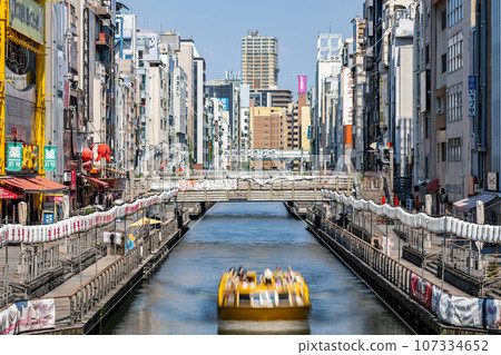 Ebisu Bridge, Dotonbori River, Osaka City, Osaka Prefecture, Kansai, Kinki Region, City, High-rise Building, Summer, Sightseeing, City Center, Naniwa, Along the River, Pleasure Boat 107334652