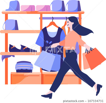 Hand Drawn A woman with shopping bags walks past a storefront in flat style 107334731