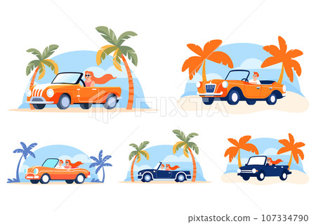 Hand Drawn Tourists drive convertibles car to the beach in flat style 107334790