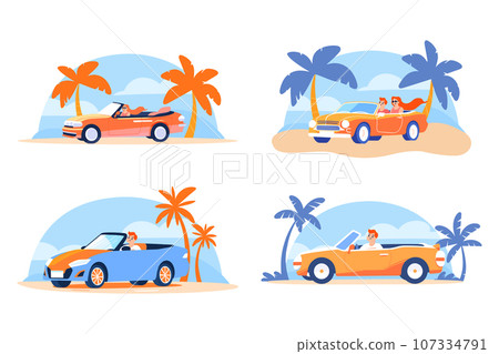 Hand Drawn Tourists drive convertibles car to the beach in flat style 107334791