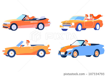 Hand Drawn Tourists drive convertibles car to the beach in flat style Hand Drawn Tourists drive convertibles car to the beach in flat style 107334793