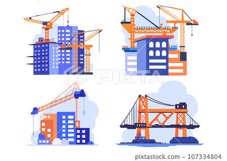 Hand Drawn Building with crane under construction in flat style Hand Drawn Building with crane under construction in flat style 107334804
