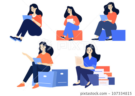 Hand Drawn female character sitting and reading a book in flat style 107334815