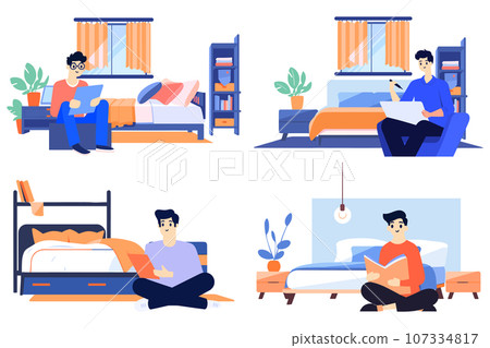 Hand Drawn A male character is reading a book in the bedroom in flat style 107334817