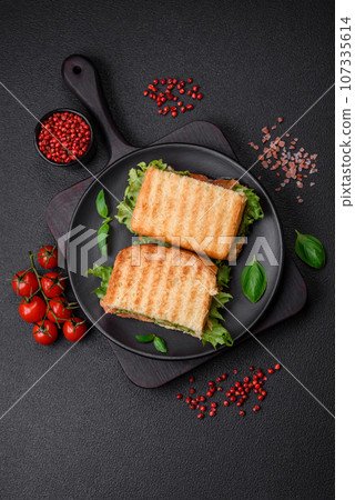 Delicious crispy sandwich with toast, salmon, avocado, tomatoes, salt, spices and herbs 107335614
