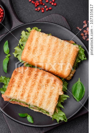 Delicious crispy sandwich with toast, salmon, avocado, tomatoes, salt, spices and herbs 107335617