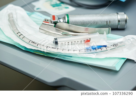 A set of endotracheal tube for anesthesia on the table A set of endotracheal tube for anesthesia on the table 107336290