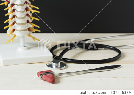 Reflex hammer, stethoscope and spine model on wooden table Reflex hammer, stethoscope and spine model on wooden table 107336329