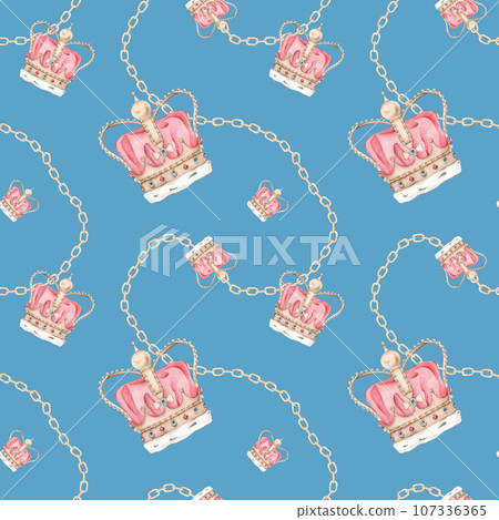 Seamless pattern watercolor with hand draw illustration royal gold crown with precious stones sapphire and emerald, gold chain, jewelry. Coranation, king, queen. Illustration for postcards, textile. 107336365