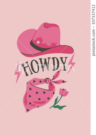 Postcard or poster in pink colors with a cowboy hat and bandana. Vector graphics. Postcard or poster in pink colors with a cowboy hat and bandana. Vector graphics. 107337412