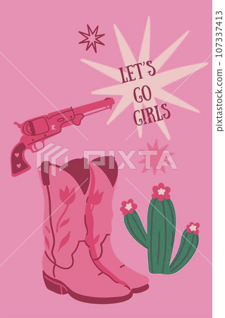Postcard or poster in pink colors with cowboy boots, a gun and a cactus. Vector graphics. Postcard or poster in pink colors with cowboy boots, a gun and a cactus. Vector graphics. 107337413