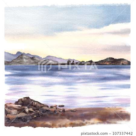 Nautical watercolor landscape. Adriatic seascape with sunset, mountain silhouettes, far shore, coastal sandy beach, stones. Hand drawn isolated illustration for your cards, printing, poster, wallpaper 107337442