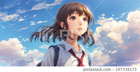 High school girl looking up at the sky, taking entrance exams and entrance exams - AI-generated image 107338173