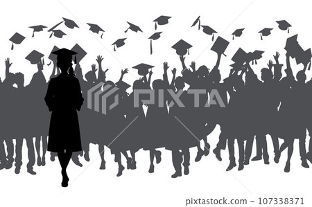 Crowd of graduates in mantles, throws up the square academic caps. Graduated student. Happy Graduation Activity Silhouettes. 107338371