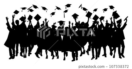 Crowd of graduates in mantles, throws up the square academic caps. Graduated student. Happy Graduation Activity Silhouettes. 107338372