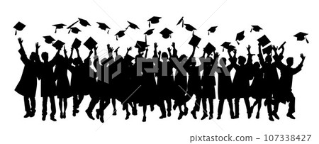 Crowd of graduates in mantles, throws up the square academic caps. Graduated student. Happy Graduation Activity Silhouettes. 107338427