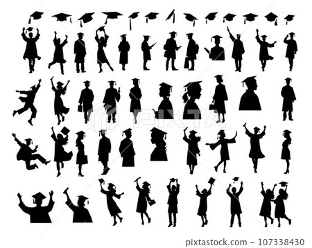 Crowd of graduates in mantles, throws up the square academic caps. Graduated student. Happy Graduation Activity Silhouettes. 107338430