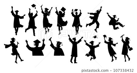 Crowd of graduates in mantles, throws up the square academic caps. Graduated student. Happy Graduation Activity Silhouettes. Crowd of graduates in mantles, throws up the square academic caps. Graduated student. Happy Graduation Activity Silhouettes. 107338432
