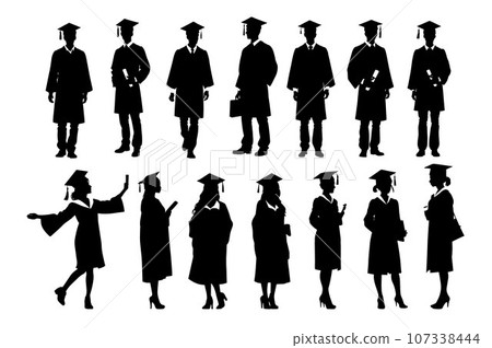 Crowd of graduates in mantles, throws up the square academic caps. Graduated student. Happy Graduation Activity Silhouettes. 107338444