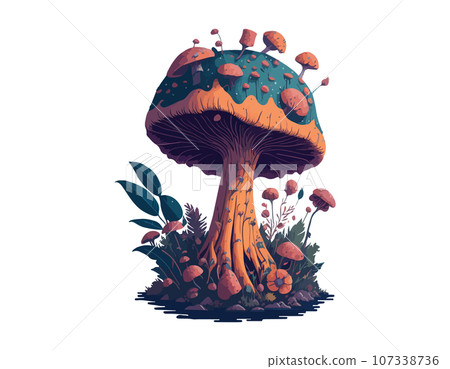 Vector Celestial Mystical boho mushrooms, magic mushroom. Fly agaric fabulous with flowers for printing on T-shirts. Vector Celestial Mystical boho mushrooms, magic mushroom. Fly agaric fabulous with flowers for printing on T-shirts. 107338736