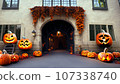 Entrance hall decorated with jack-o-lanterns 107338740