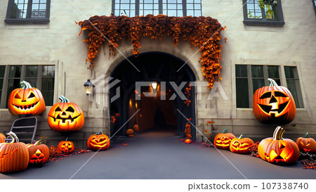 Entrance hall decorated with jack-o-lanterns 107338740