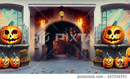 Entrance hall decorated with jack-o-lanterns Entrance hall decorated with jack-o-lanterns 107338741