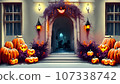 Entrance hall decorated with jack-o-lanterns 107338742